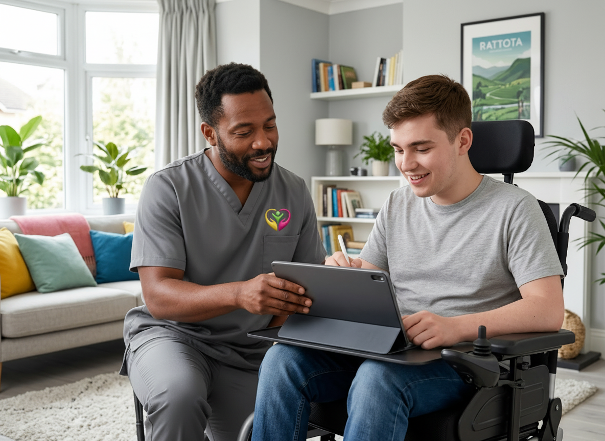 Hasz Homecare Services carer assisting adult with physical disability at accessible home