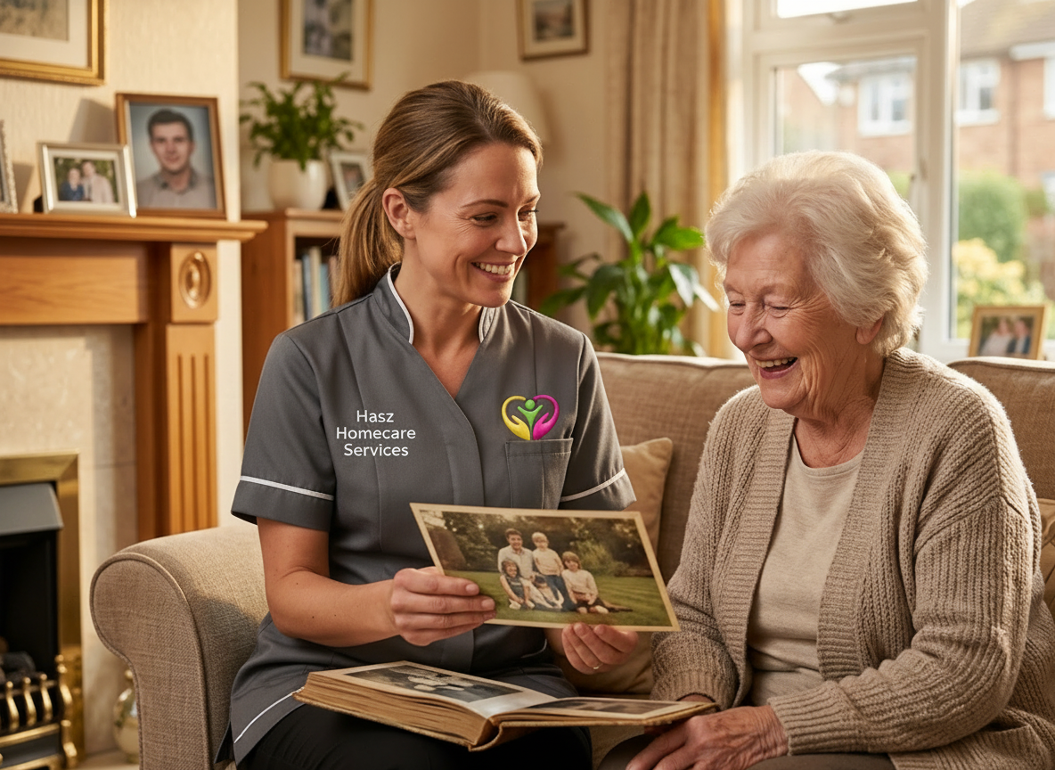 Hasz Homecare Services dementia carer sharing joyful memory moment with elderly client