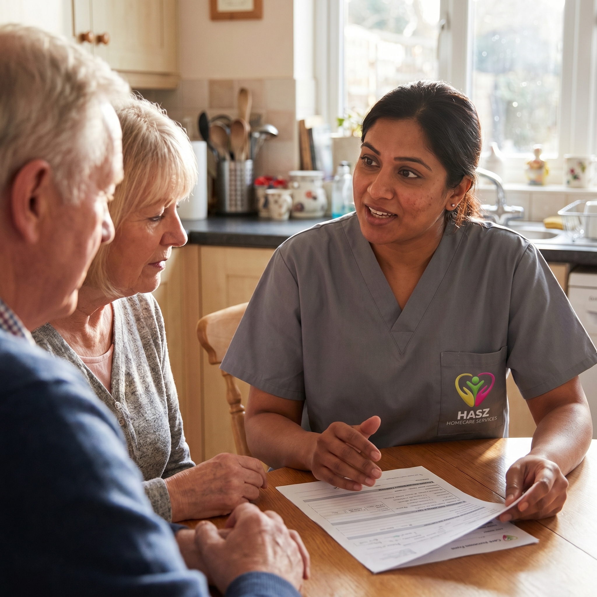 Hasz Homecare carer discussing personalised care plan with elderly client at home