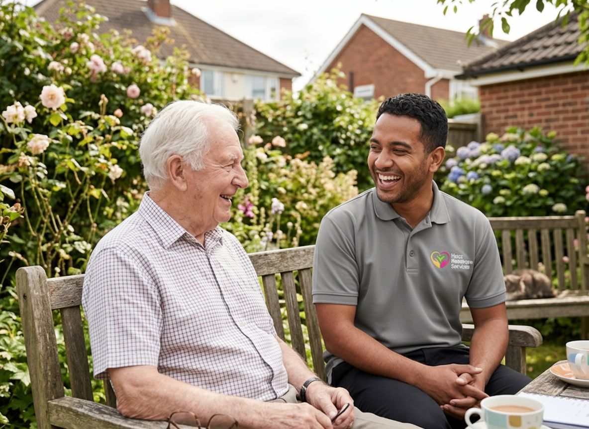 Hasz Homecare Services live-in carer enjoying outdoor time with elderly client garden