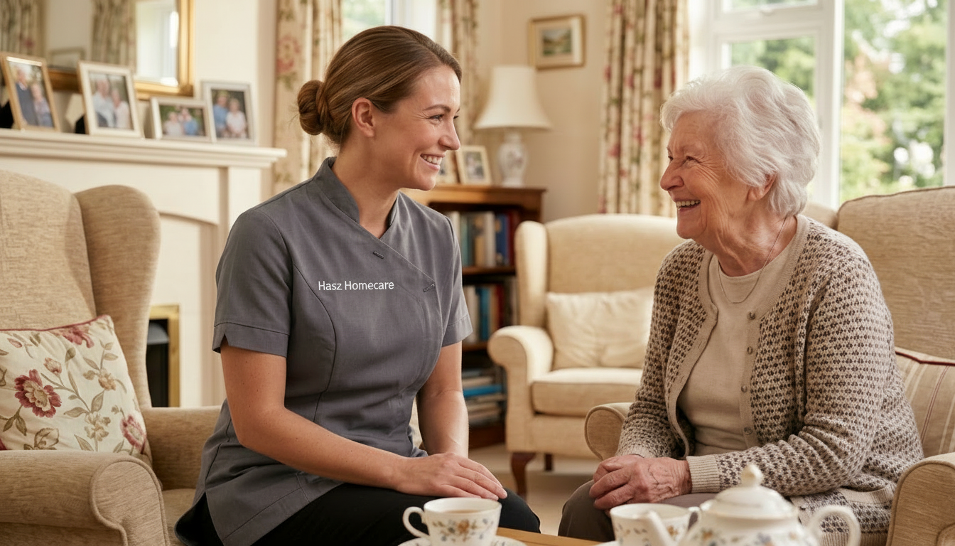 Hasz Homecare Services carer providing compassionate care for elderly woman over 65 at home