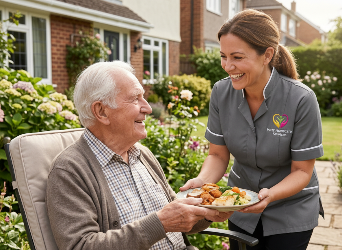 Hasz Homecare Services carer providing meal support to elderly man over 65 garden