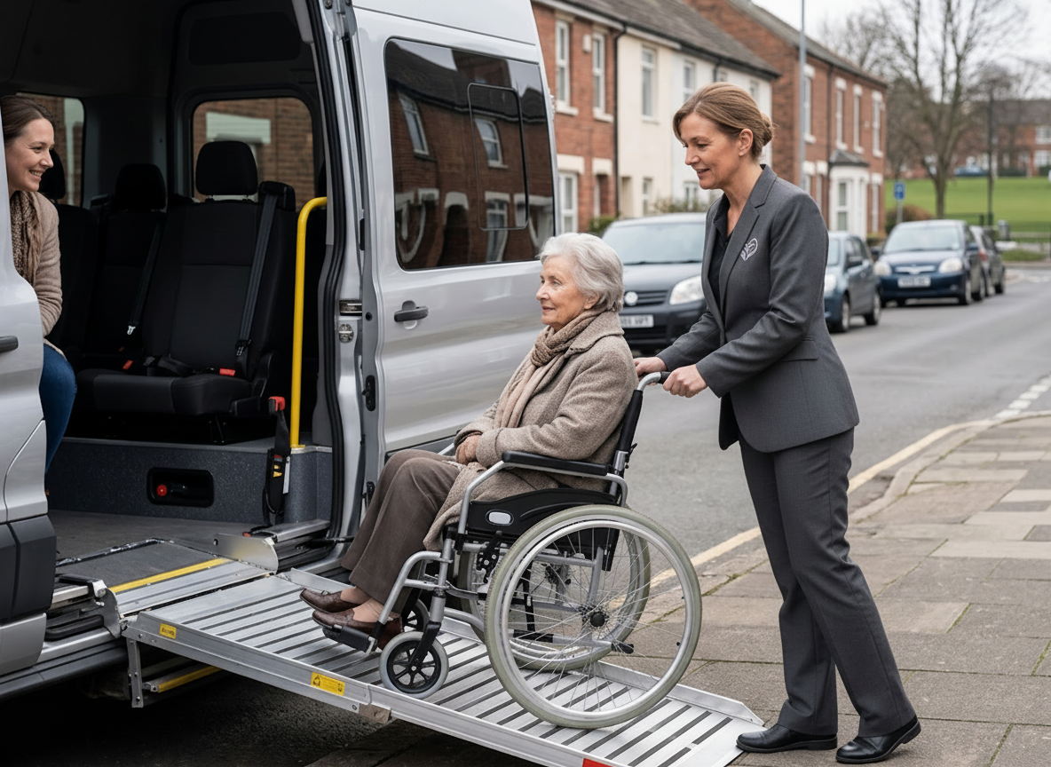 Hasz Homecare Services transport assistant loading wheelchair user into accessible vehicle