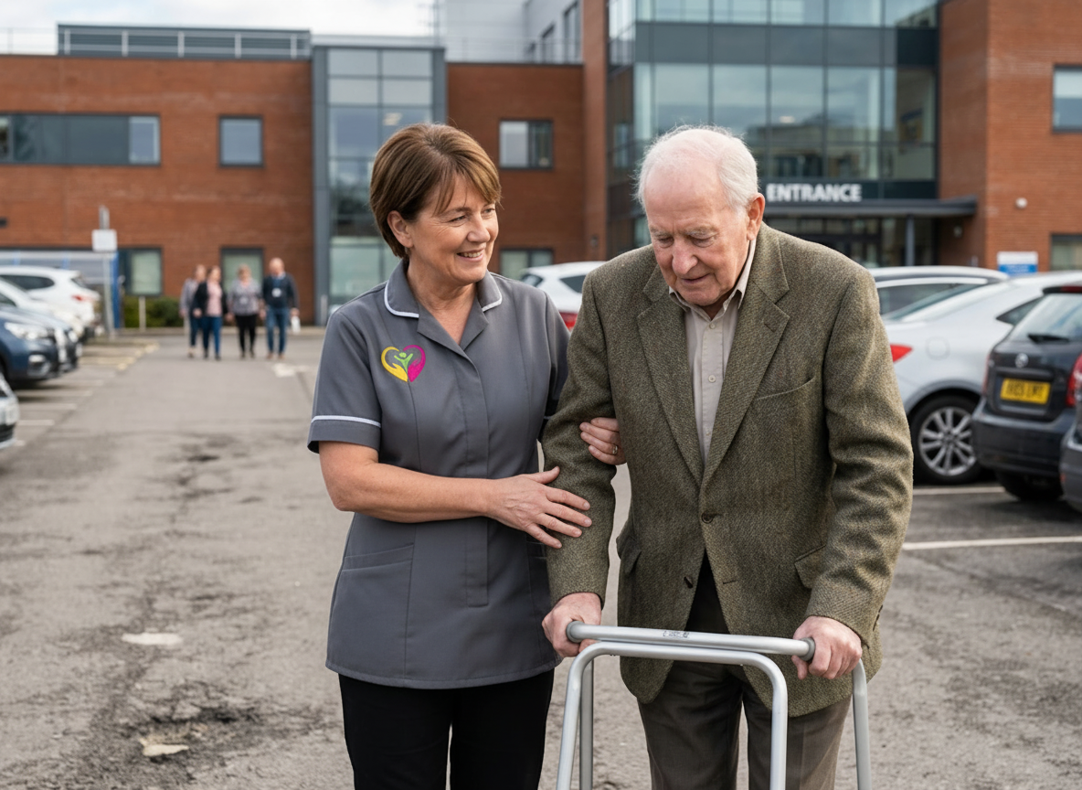 Hasz Homecare Services patient transport assistant accompanying elderly man with mobility aid at Crawley hospital