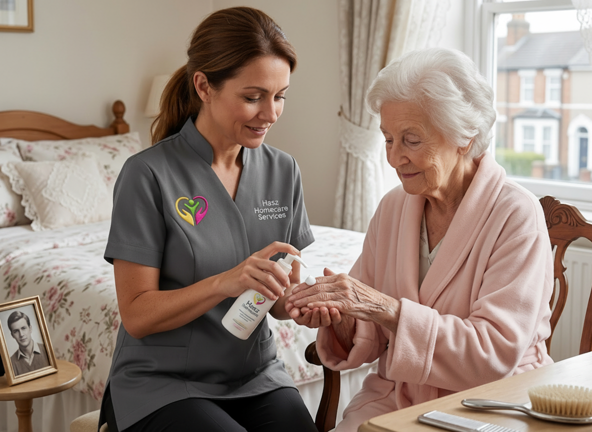 Hasz Homecare Services carer delivering dignified personal care to elderly client at home