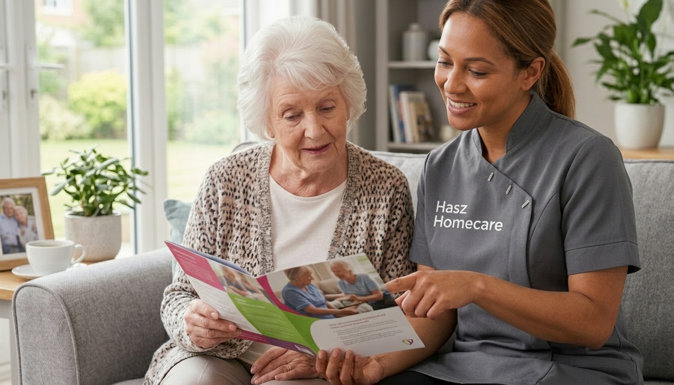 Hasz Homecare Services carer discussing care services with elderly client