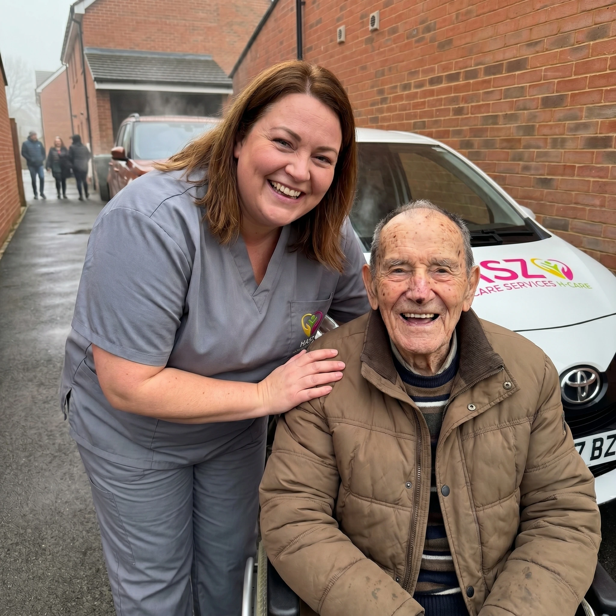 Hasz Homecare Services patient transport assistant accompanying elderly man with mobility aid at Crawley hospital