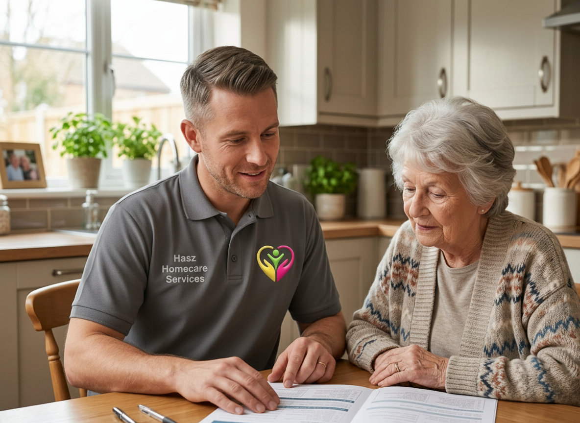 Hasz Homecare carer discussing personalised care plan with elderly client at home
